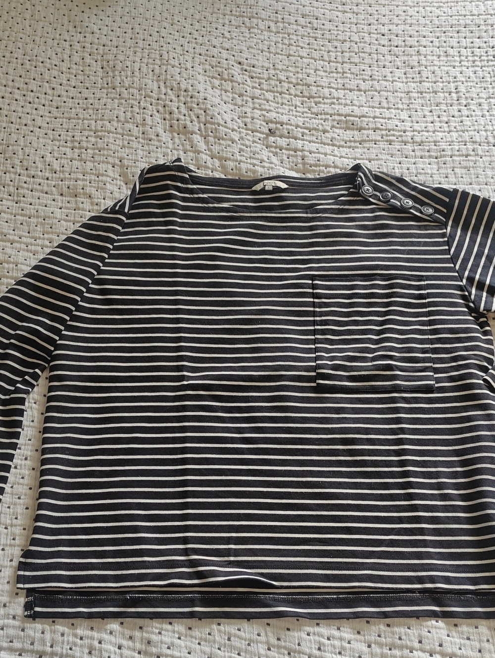 Women’s Black and White Striped Boatneck Jersey Top with Button Shoulder